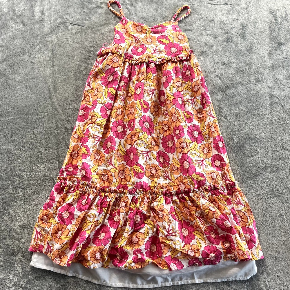 Vintage 60s 70s Hippie Flower Dress Tank Babydoll Ruffle Sundress Pink Orange 10